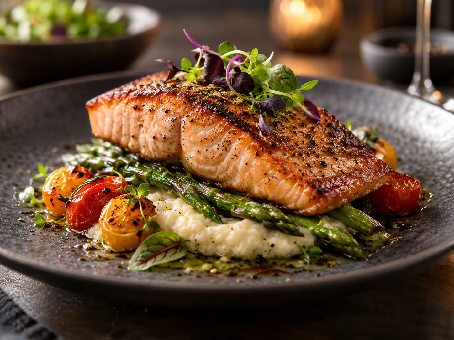 Restaurant-style salmon hero shot — AI raster reference