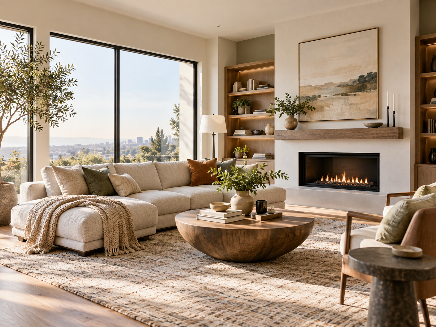 Warm modern living room — AI raster reference