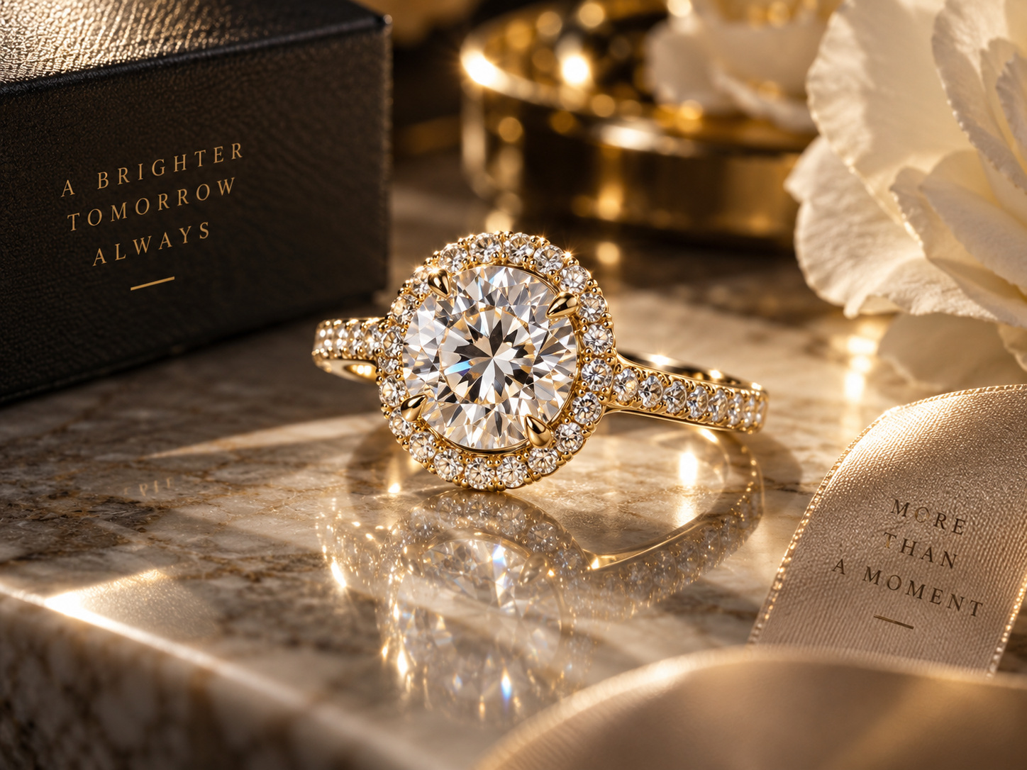 Diamond ring on warm marble — AI raster reference