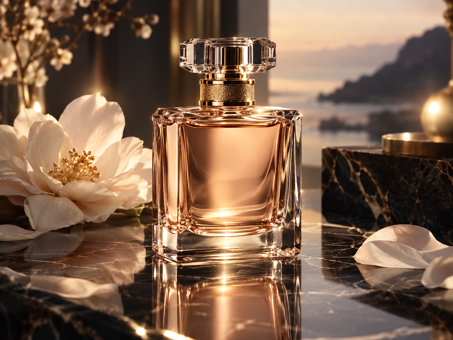 Golden-hour perfume campaign — AI raster reference