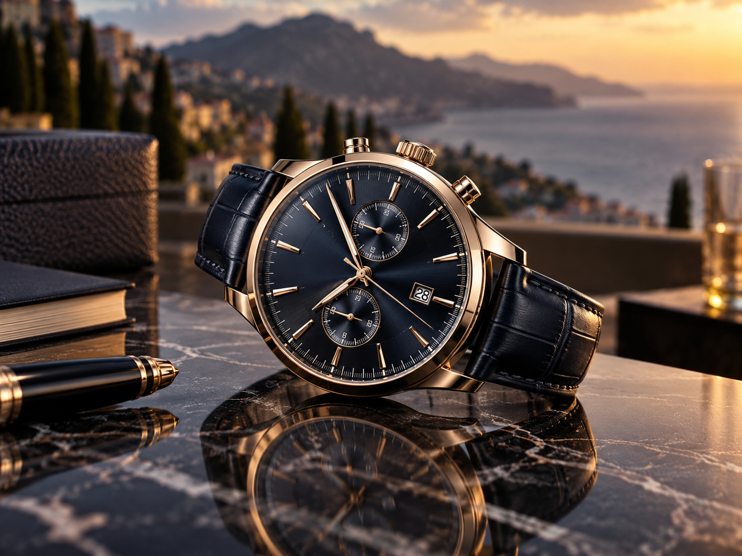 Luxury watch at sunset — AI raster reference