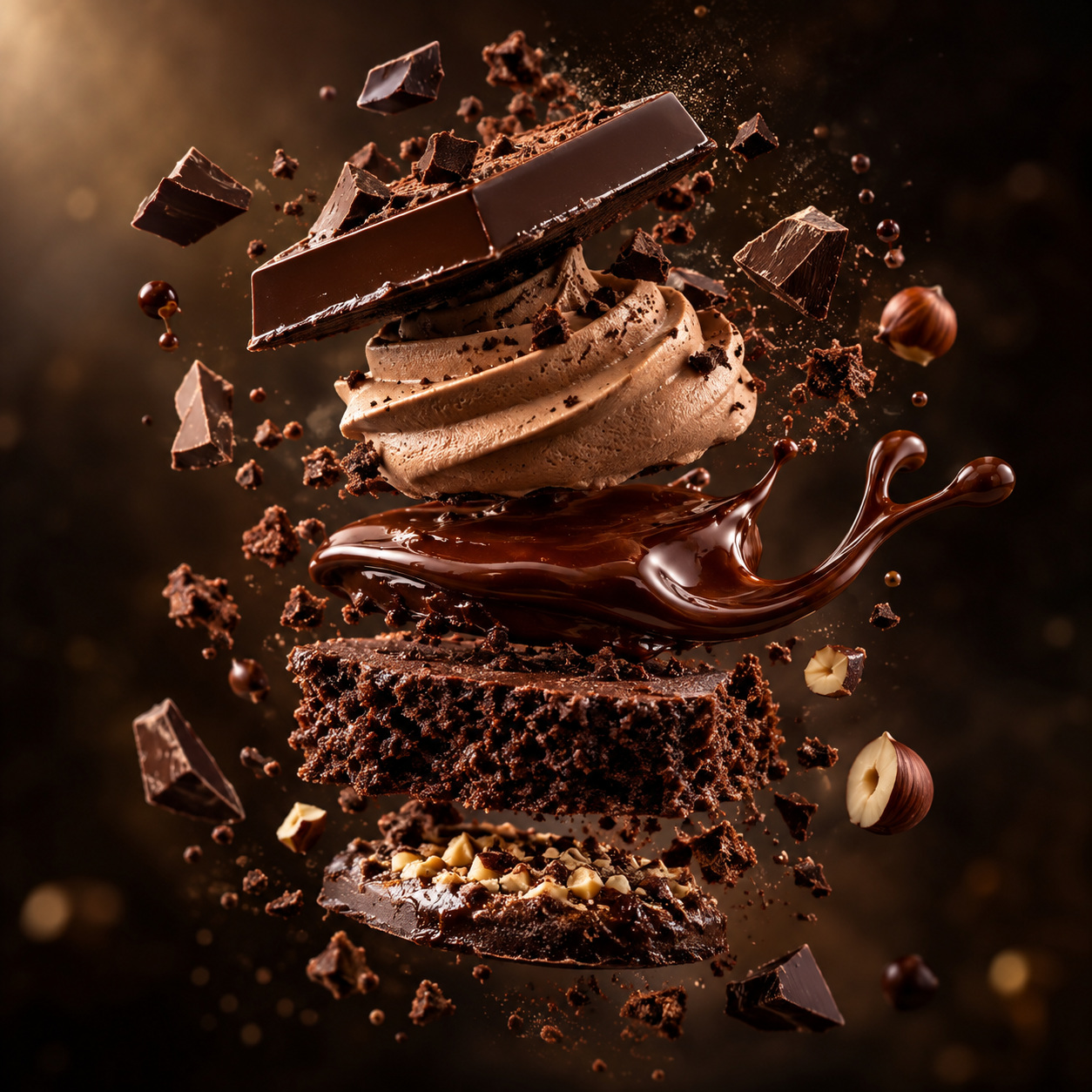 Exploded chocolate layers — AI raster reference