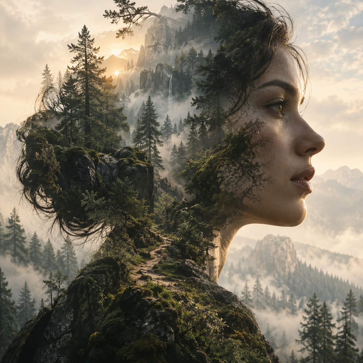 Forest double exposure — AI raster reference