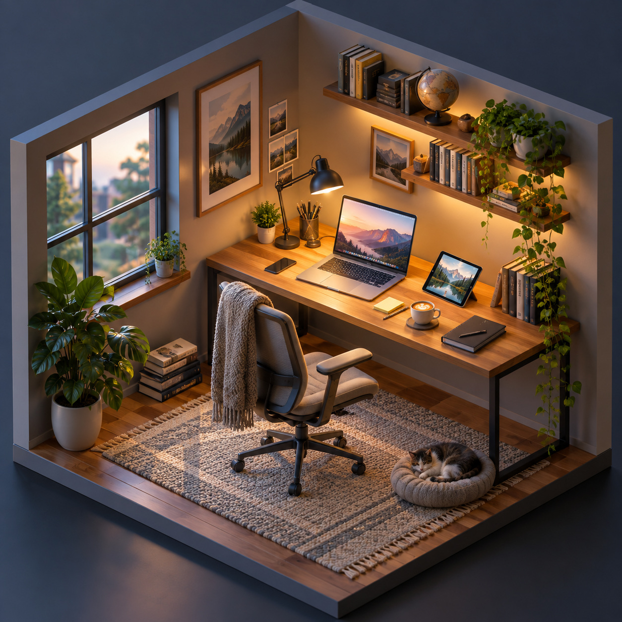 Isometric creative workspace — AI raster reference