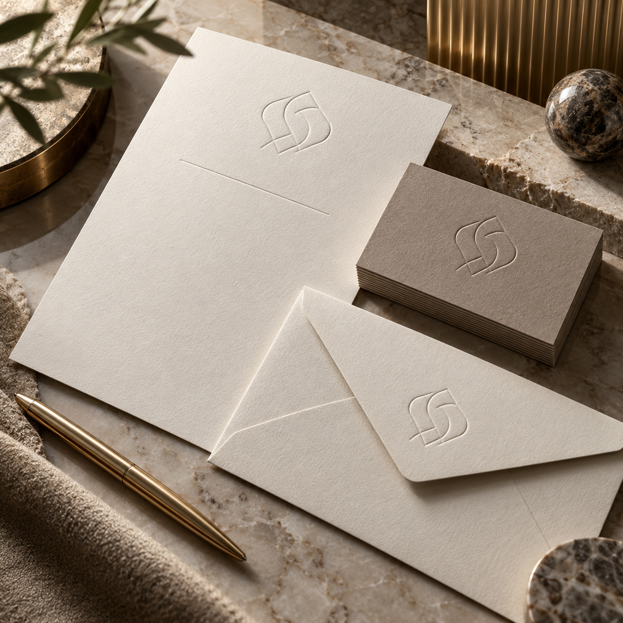 Embossed logo stationery — AI raster reference