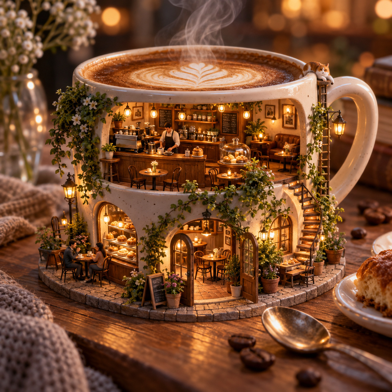 Coffee-cup miniature café — AI raster reference