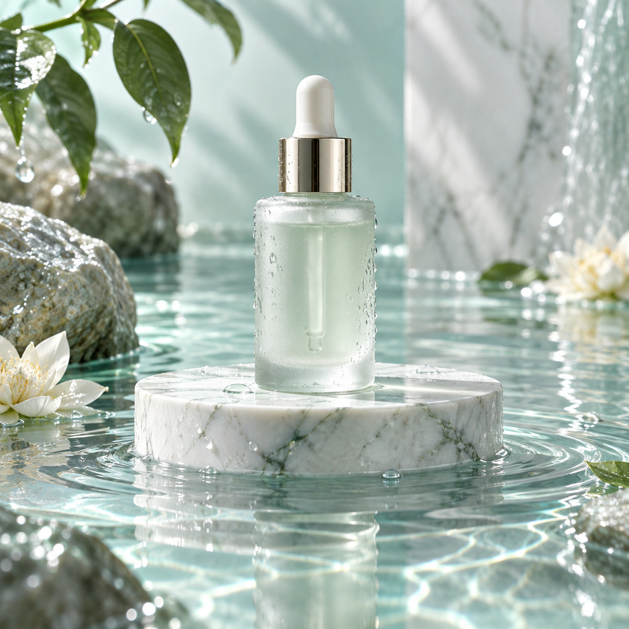 Skincare water pedestal — AI raster reference
