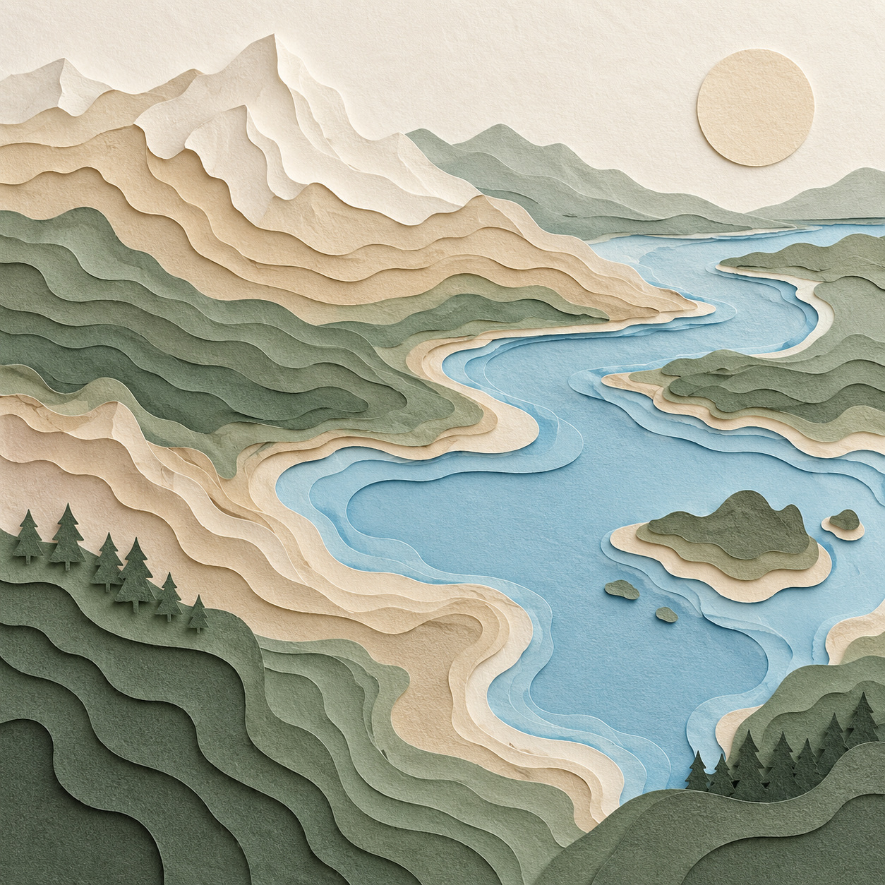Paper-cut topography — AI raster reference
